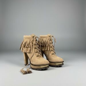 B Brian Atwood suede with fringe high heel ankle boots
